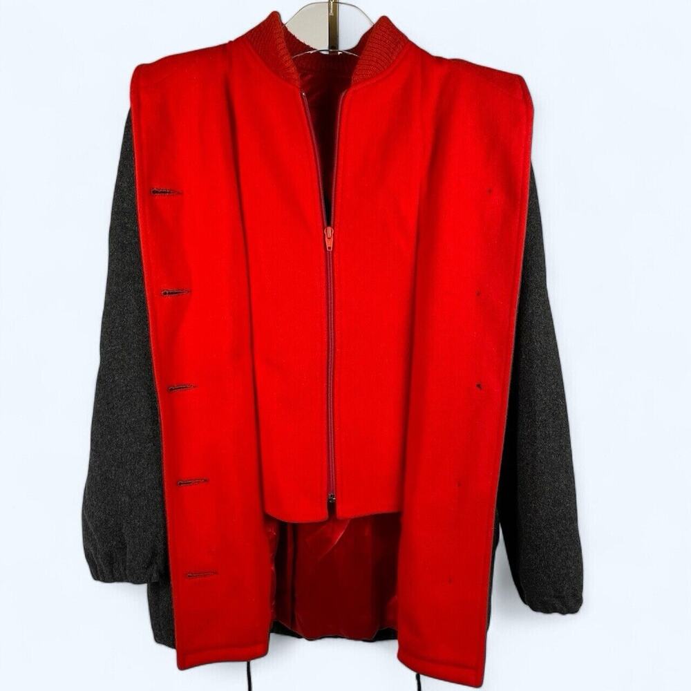 Authentic Mackintosh Vest Coat Size 10 Hooded 100% Wool Dark Gray Red Womens